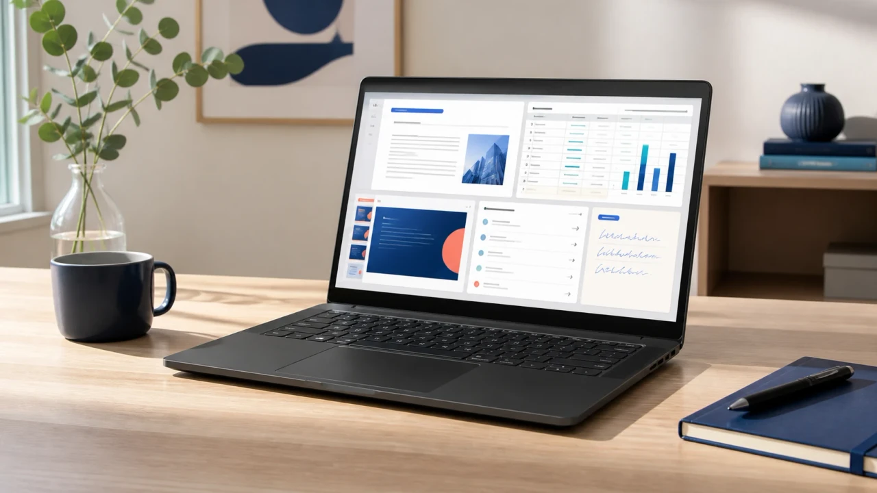 Modern Windows laptop displaying abstract document, spreadsheet, presentation, email and note-taking panels in a home office