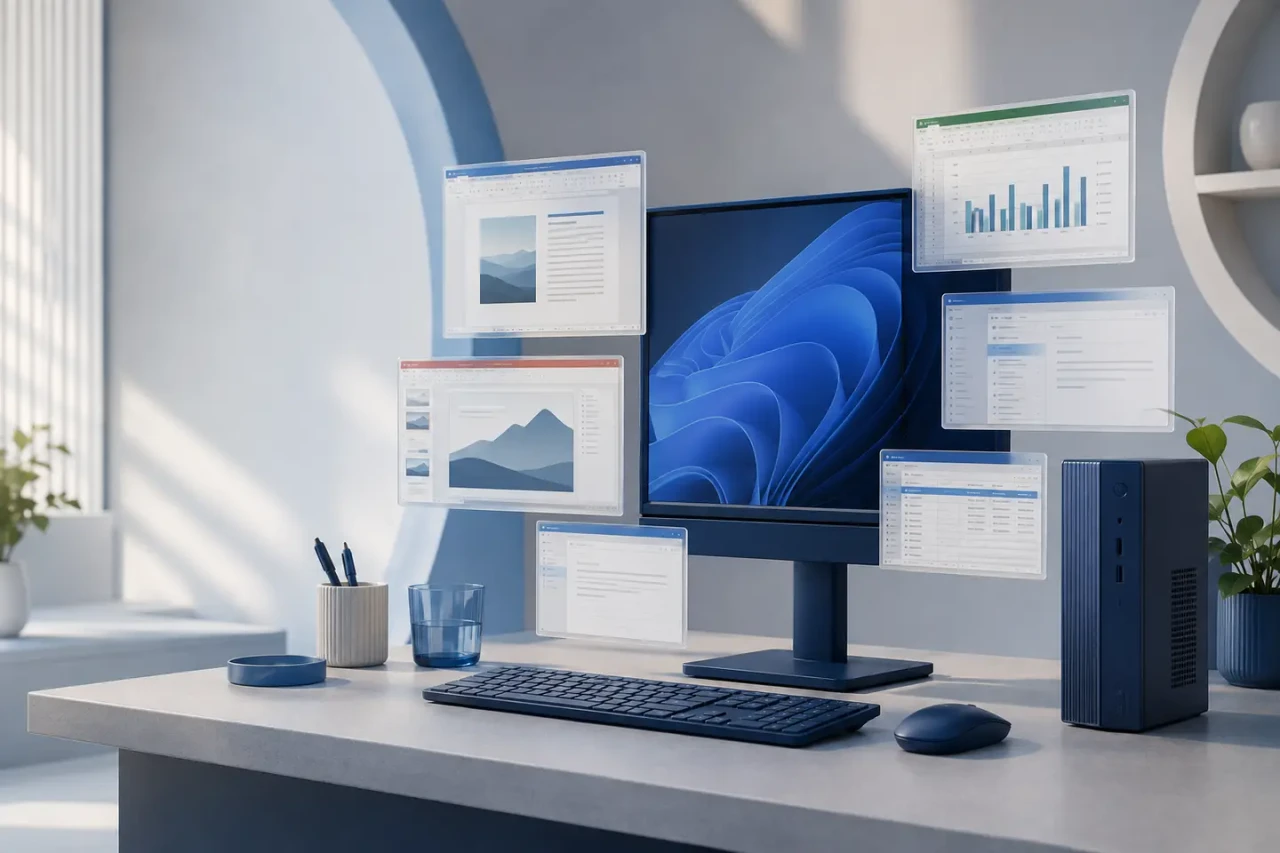Windows desktop workstation displaying Office 2013 productivity tools