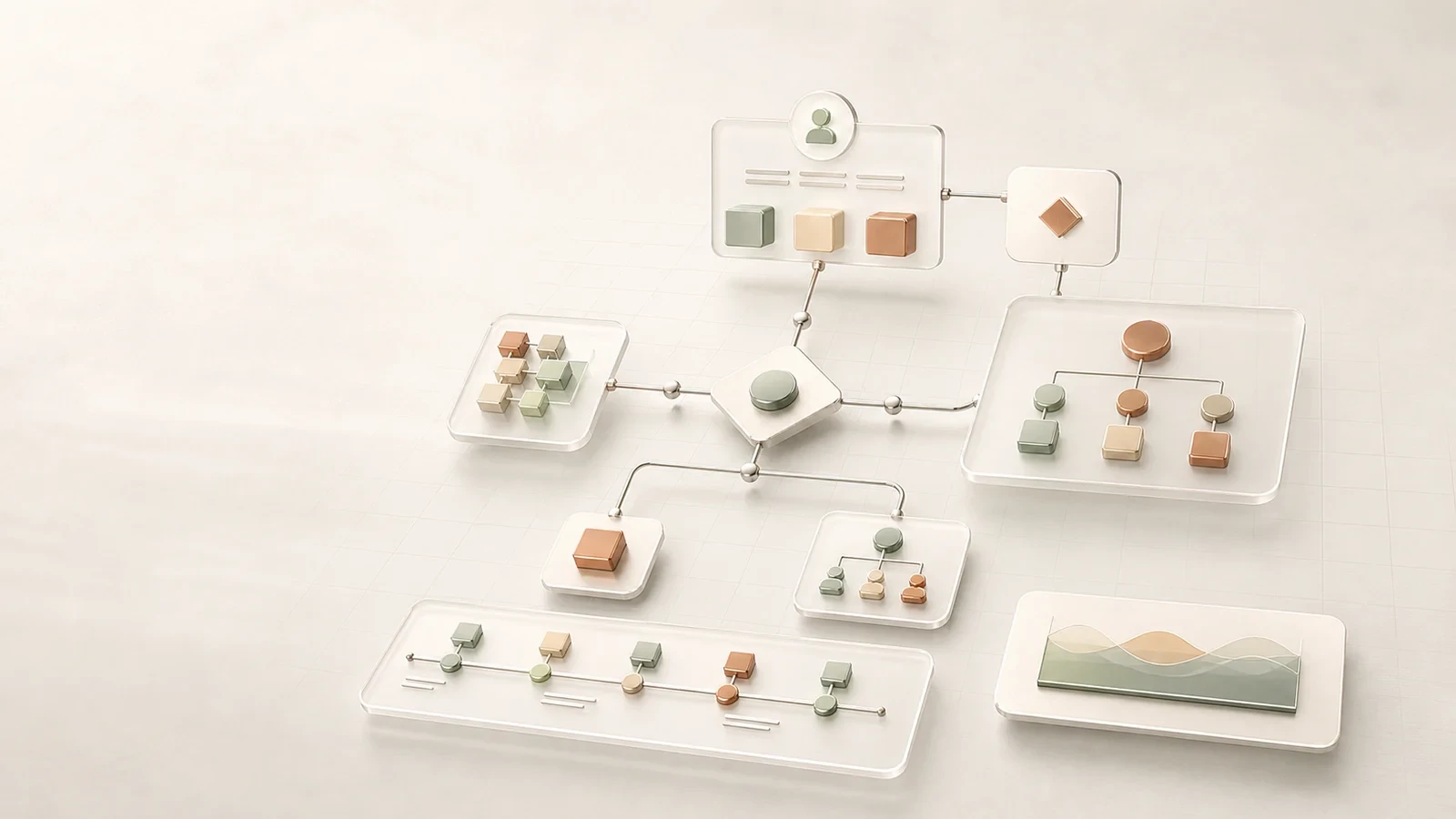 Abstract business diagrams connected in a structured workflow