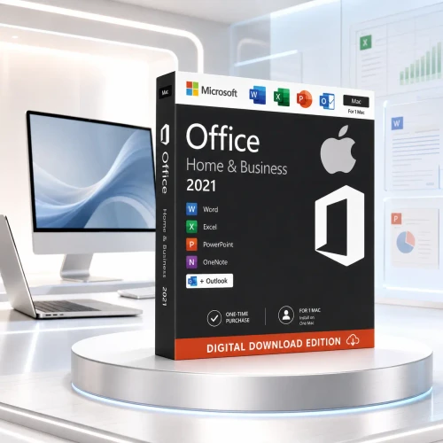 Microsoft Office 2021 Home and Business for Mac displayed in a luminous silver Mac showroom