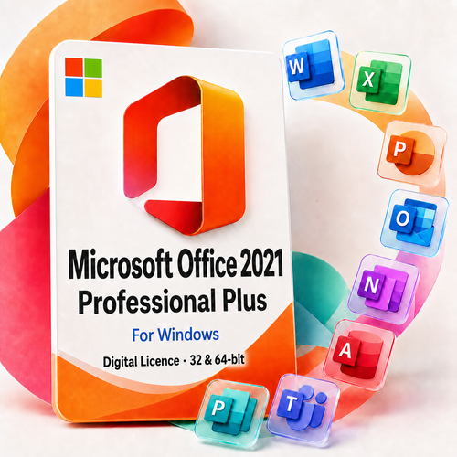 Microsoft Office 2021 Professional Plus for Windows digital licence artwork with high-visibility Microsoft mark, large title and included application tiles