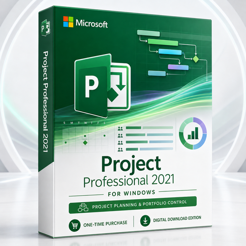 Microsoft Project Professional 2021 for Windows one-time purchase digital download box with Gantt scheduling and portfolio planning graphics