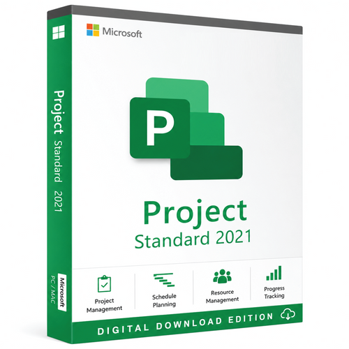 Microsoft Project 2021 Standard for Windows one-time purchase premium 3D digital download box with Gantt charts, resources and progress reporting.