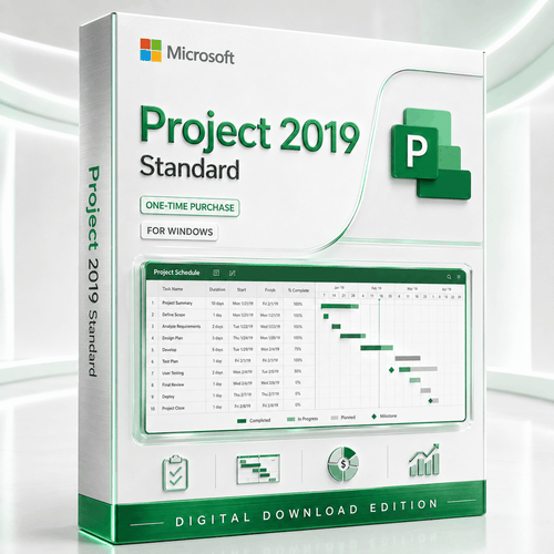 Microsoft Project 2019 Standard pearl-white 3D software box with Gantt schedule, planning icons, one-time-purchase badge and Digital Download Edition branding.