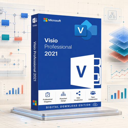 Microsoft Visio Professional 2021 digital download box with flowcharts, data visualisation and collaboration graphics
