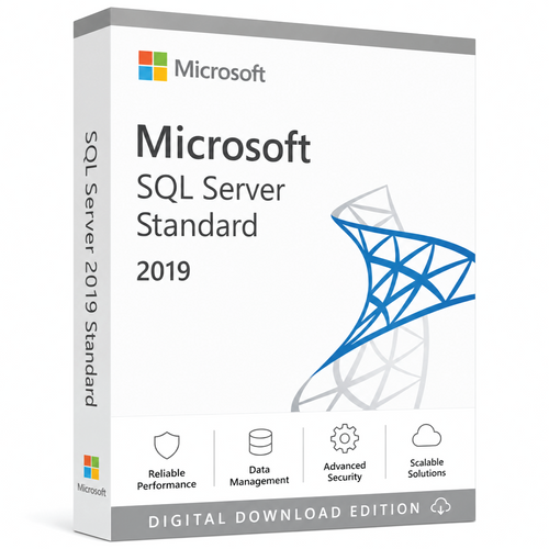 Microsoft SQL Server 2019 Standard software box in a light hybrid cloud and connected database platform