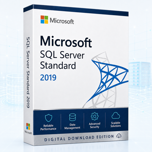 Microsoft SQL Server 2019 Standard digital download box with a light enterprise data grid and database network