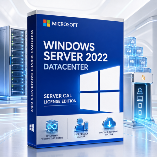 Microsoft Windows Server 2022 Datacenter Server CAL License Edition 3D digital download box with virtualisation and user/device access graphics