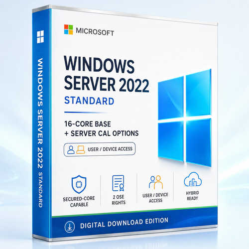 Microsoft Windows Server 2022 Standard 16-core base with selectable Server CAL options, digital download edition