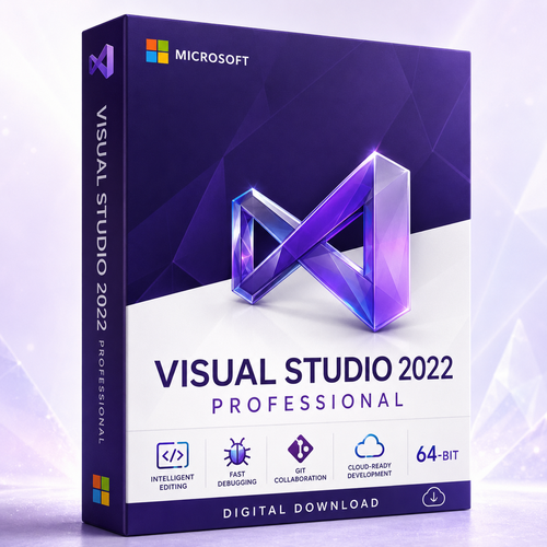 Microsoft Visual Studio 2022 Professional 64-bit digital download product box with crystalline purple Visual Studio artwork.