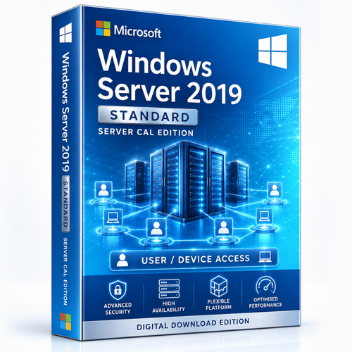 Microsoft Windows Server 2019 Standard Server CAL Edition digital download box with connected users, devices and enterprise servers.