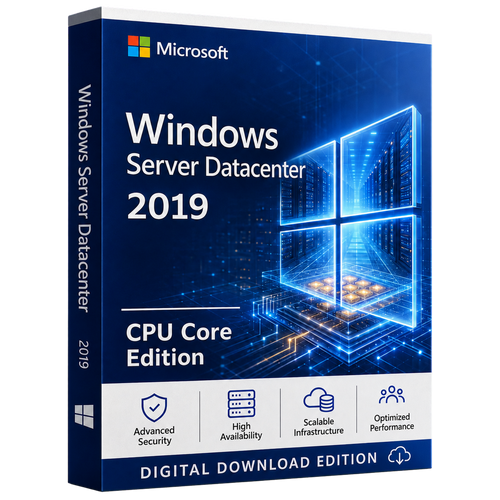 Microsoft Windows Server 2019 Datacenter CPU Core Edition digital download box with datacenter and server-security graphics.