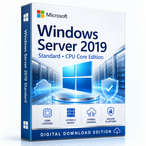 Microsoft Windows Server 2019 Standard CPU Core Edition digital download 3D product box with Azure datacentre and security design.