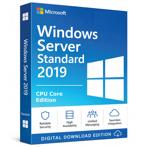 Microsoft Windows Server 2019 Standard CPU Core Edition digital download 3D product box with Azure datacentre and security design.