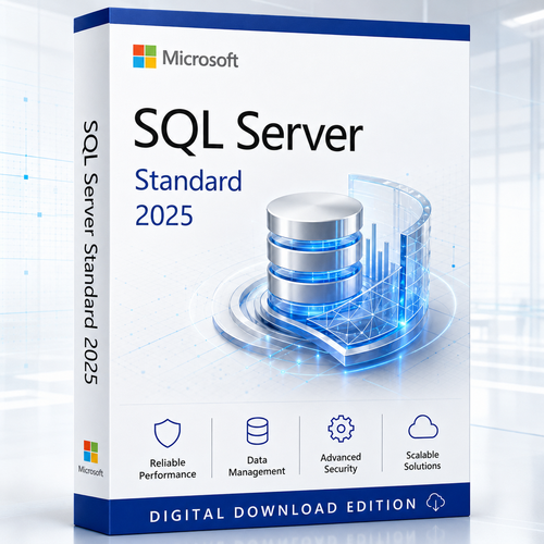 Microsoft SQL Server 2025 Standard Digital Download Edition box with blue and silver database technology design.