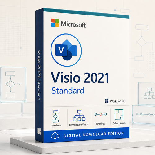 Microsoft Visio Standard 2021 digital download with flowchart, organisation chart, timeline and office layout icons