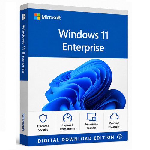Microsoft Windows 11 Enterprise 64-bit digital edition displayed in a luminous blue enterprise showroom