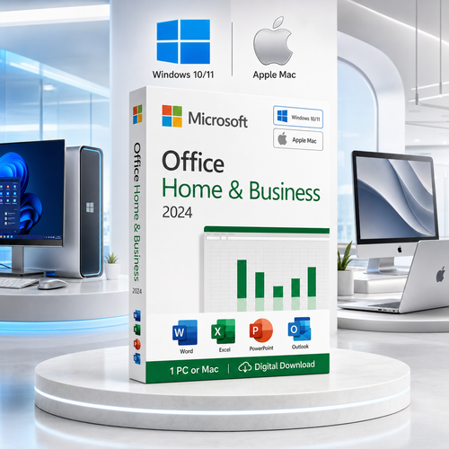 Microsoft Office 2024 Home and Business showroom with a Mac desktop and Windows laptop 2