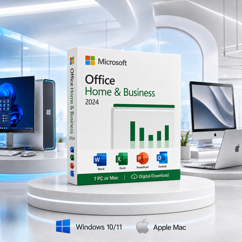 Microsoft Office 2024 Home and Business showroom with a Mac desktop and Windows laptop