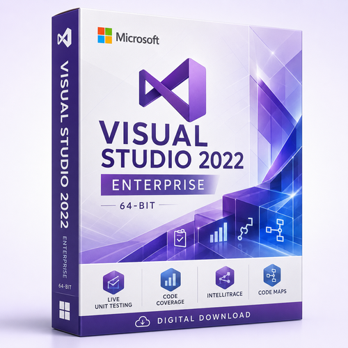 Microsoft Visual Studio 2022 Enterprise 64-bit digital download software box with advanced testing and code coverage tools