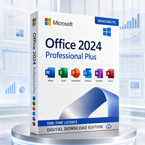 Microsoft Office 2024 Professional Plus box with Word, Excel, PowerPoint, Outlook,
OneNote and Access application tiles