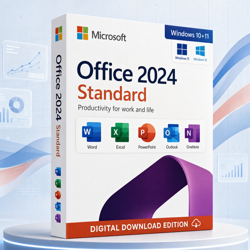Microsoft Office 2024 Standard productivity workspace with document, spreadsheet, presentation and calendar panels