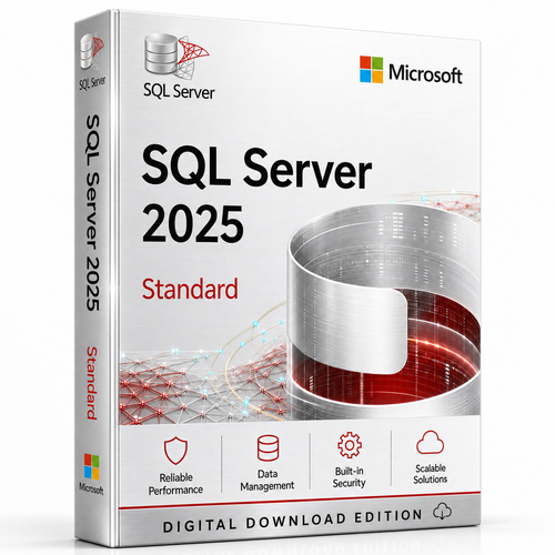 Microsoft SQL Server 2025 Standard digital download edition in a silver 3D product box with database and red data-network design.