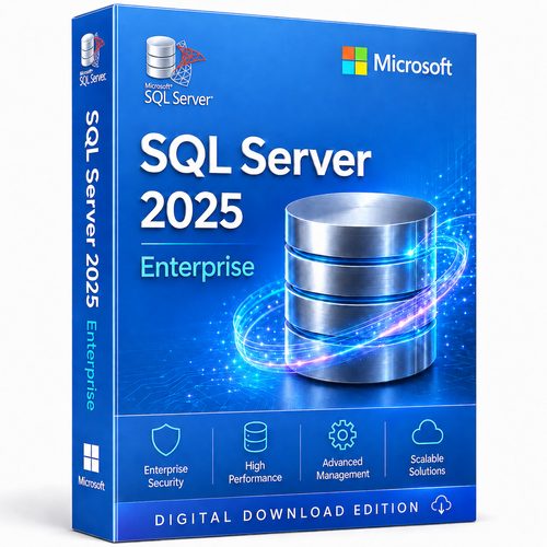 Microsoft SQL Server 2025 Enterprise digital download edition product box with database and enterprise feature icons