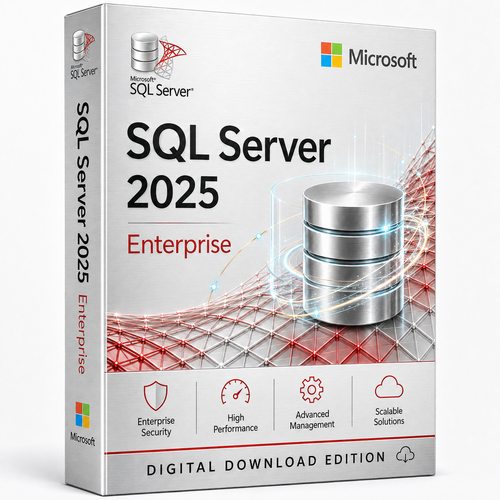 Microsoft SQL Server 2025 Enterprise digital download edition in a silver 3D product box with database and red data-network design