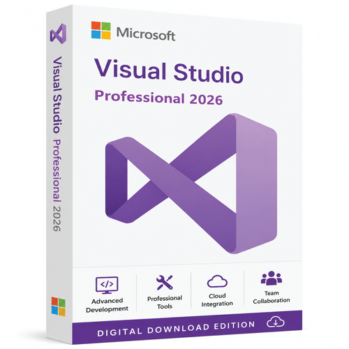 Microsoft Visual Studio 2026 Professional Edition 3D digital download product box with development, cloud integration and team collaboration features.