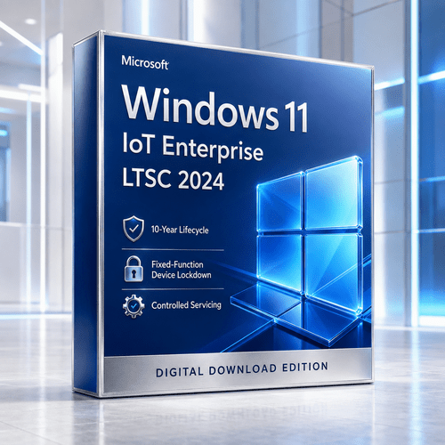 Microsoft Windows 11 IoT Enterprise LTSC 2024 digital download edition shown as a premium blue 3D software box with lifecycle, fixed-function, lockdown and controlled-servicing features.