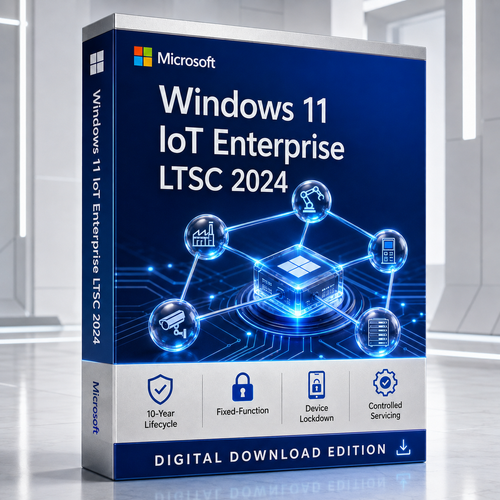 Windows 11 IoT Enterprise LTSC 2024 digital download edition shown as a premium blue 3D software box with connected industrial-device graphics and lifecycle, fixed-function, device-lockdown and controlled-servicing icons