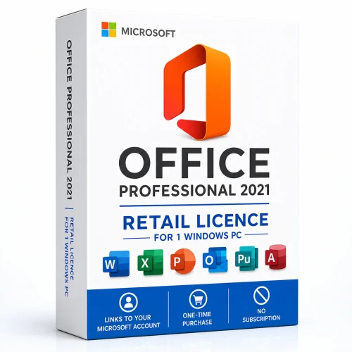 Microsoft Office Professional 2021 retail licence for one Windows PC linked to a Microsoft account