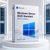 Bright Windows Server 2025 datacentre showroom with platinum server racks and Azure-blue data paths