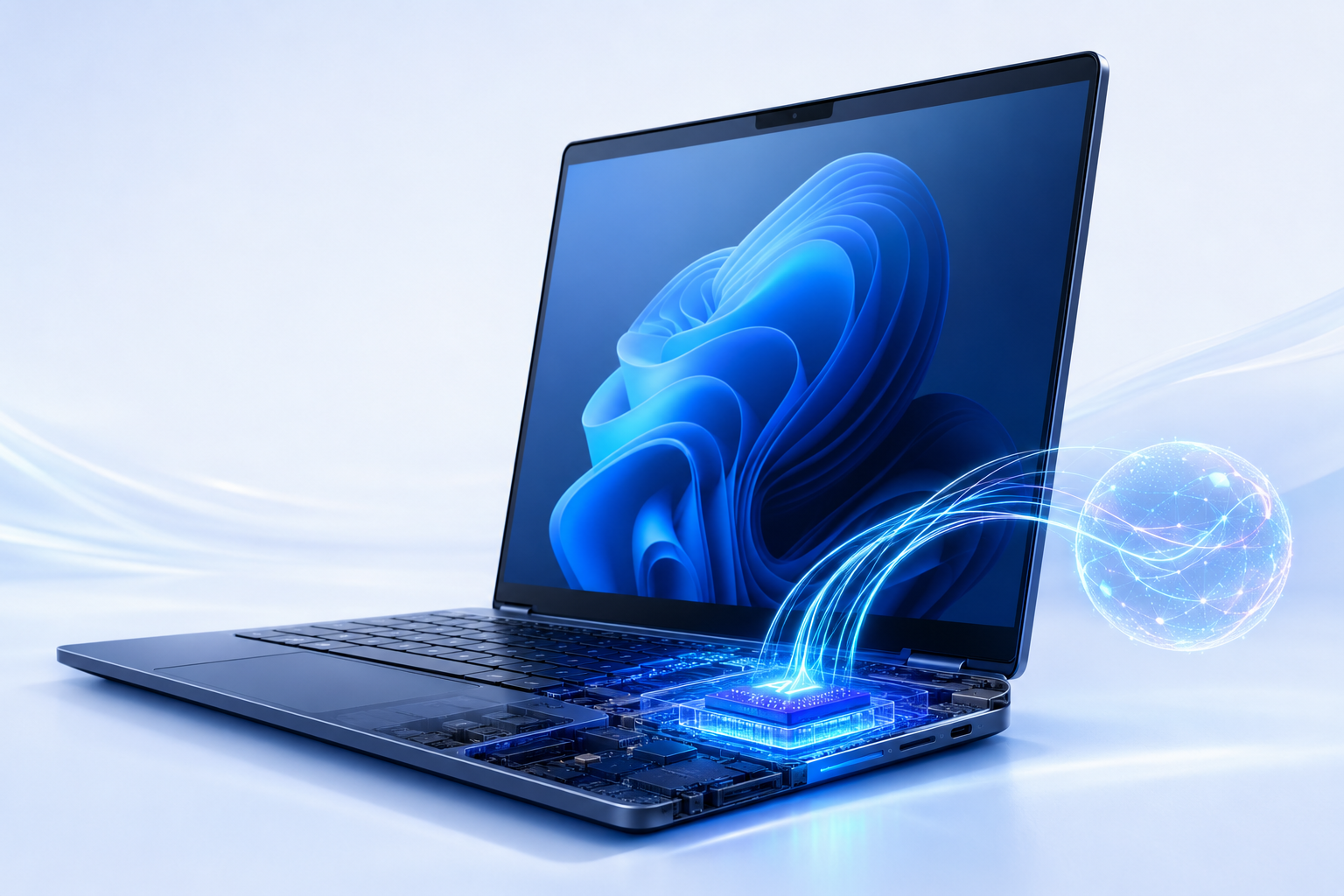 AI-ready Windows 11 laptop with illuminated neural processing hardware