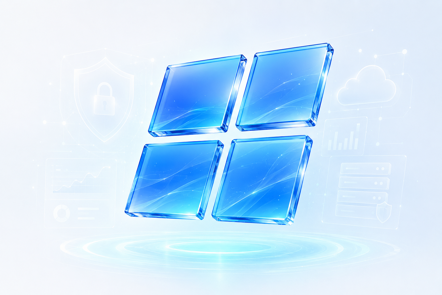 Luminous glass Windows design representing Windows 11 Professional security and productivity