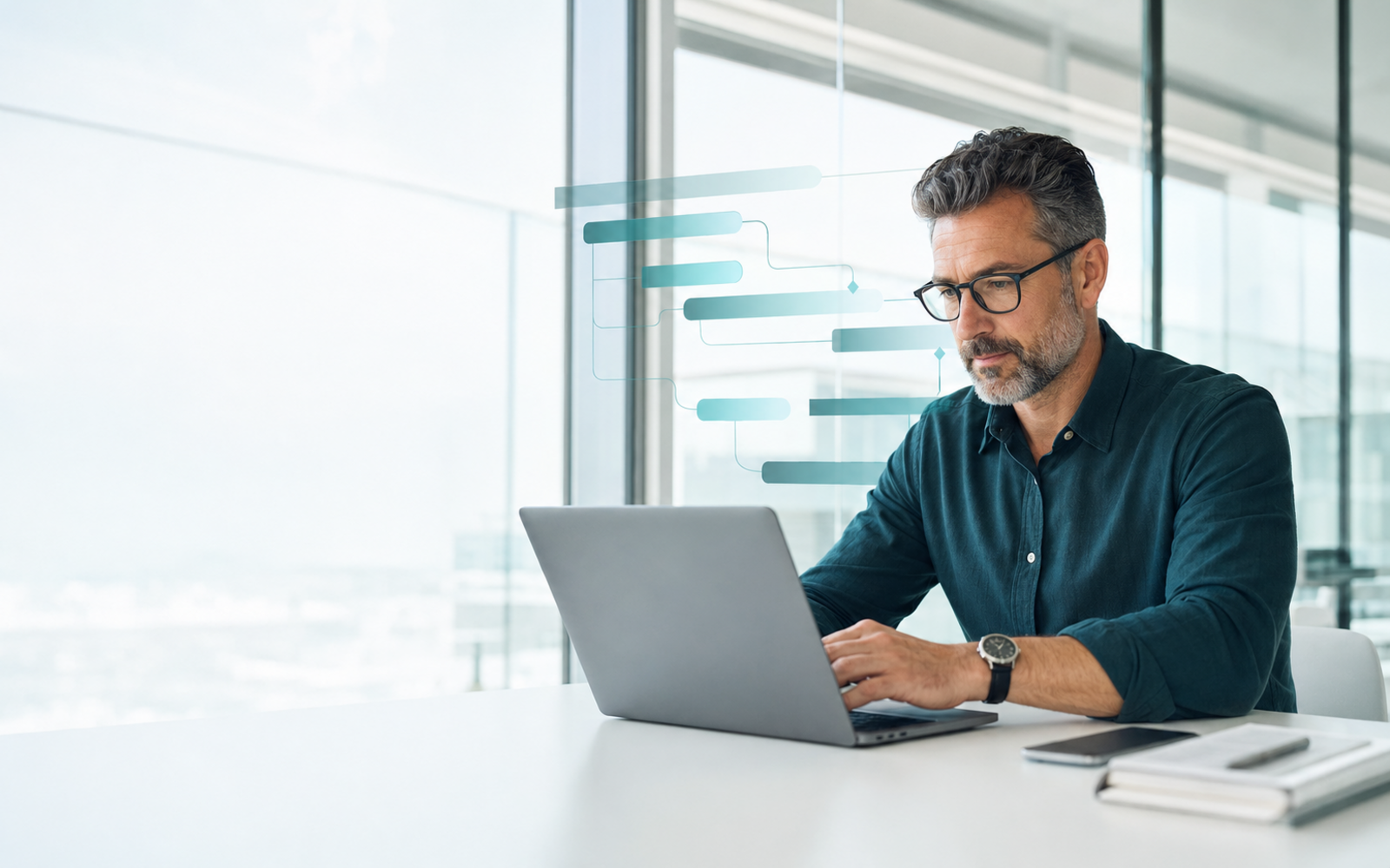 Project manager using a detailed digital project schedule in a bright professional office