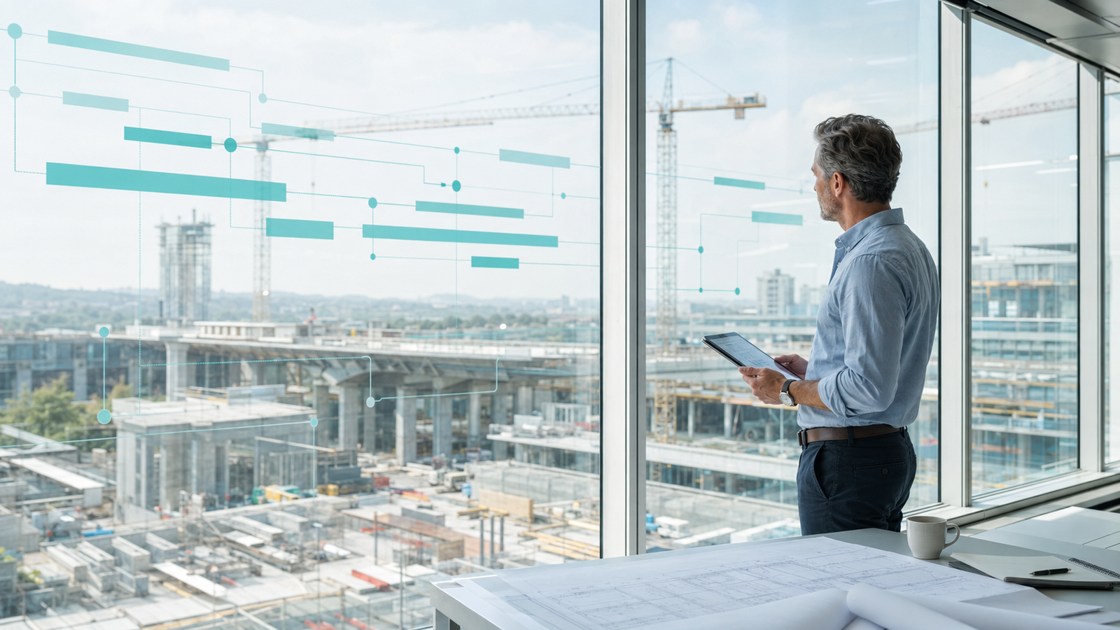 Engineer reviewing a connected infrastructure delivery plan overlooking a major construction project