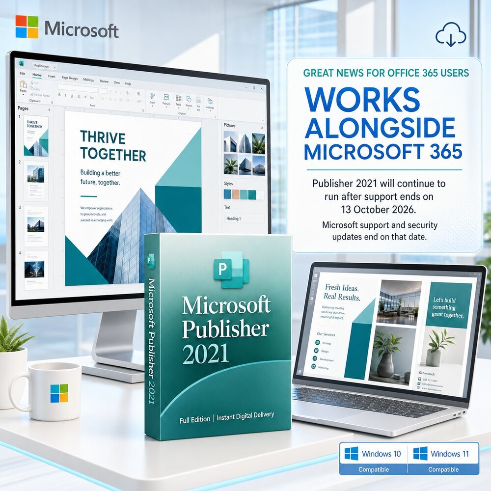 Microsoft Publisher 2021 standalone software displayed with a desktop PC and laptop in a bright software-company workspace