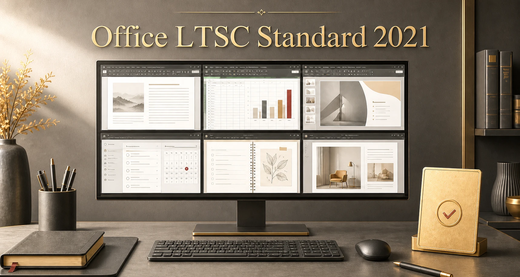 Office LTSC Standard 2021 desktop productivity workspace showing document, spreadsheet, presentation, email, notes and publishing tasks