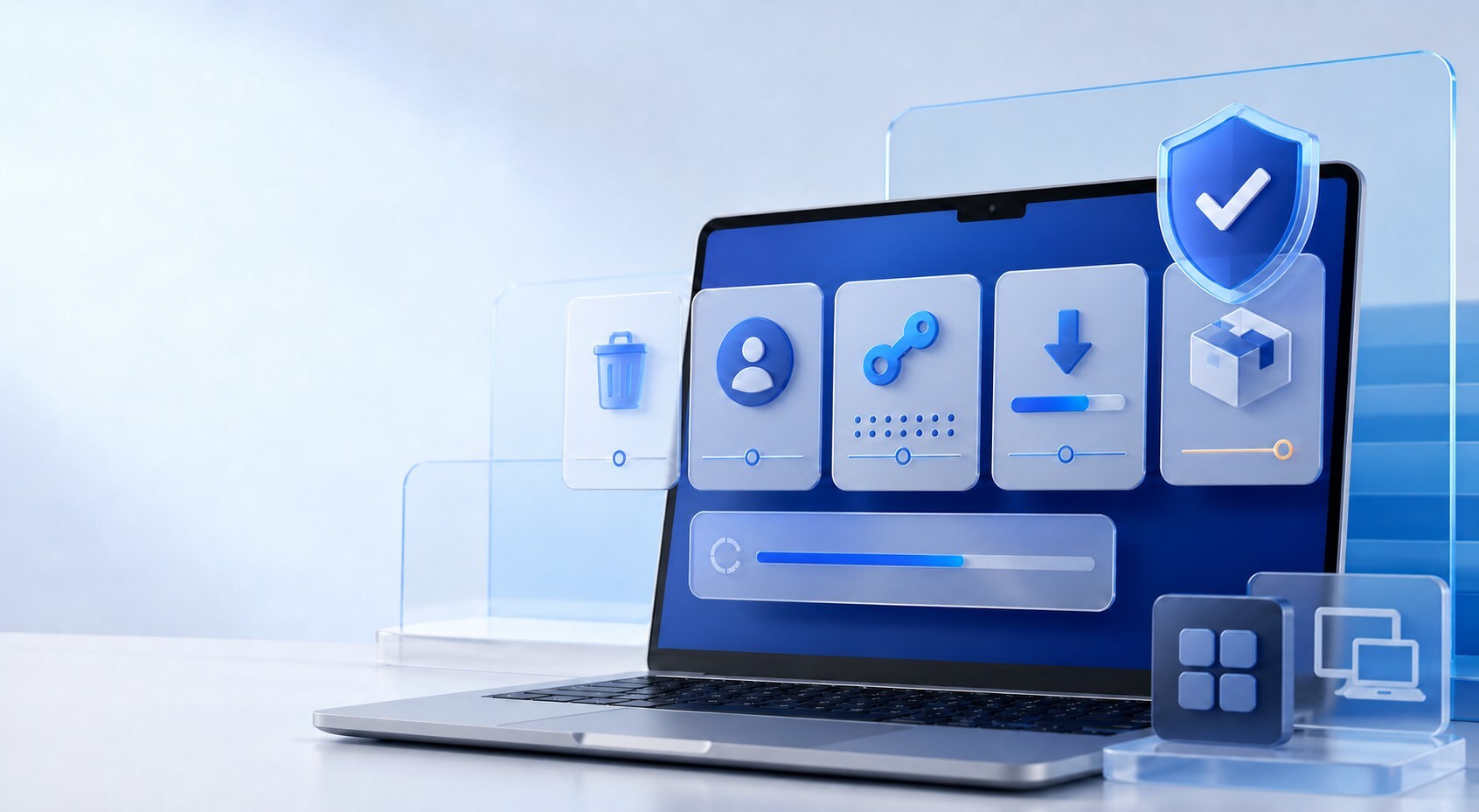 Premium illustration of a laptop showing uninstall, account, product key, download and secure installation stages