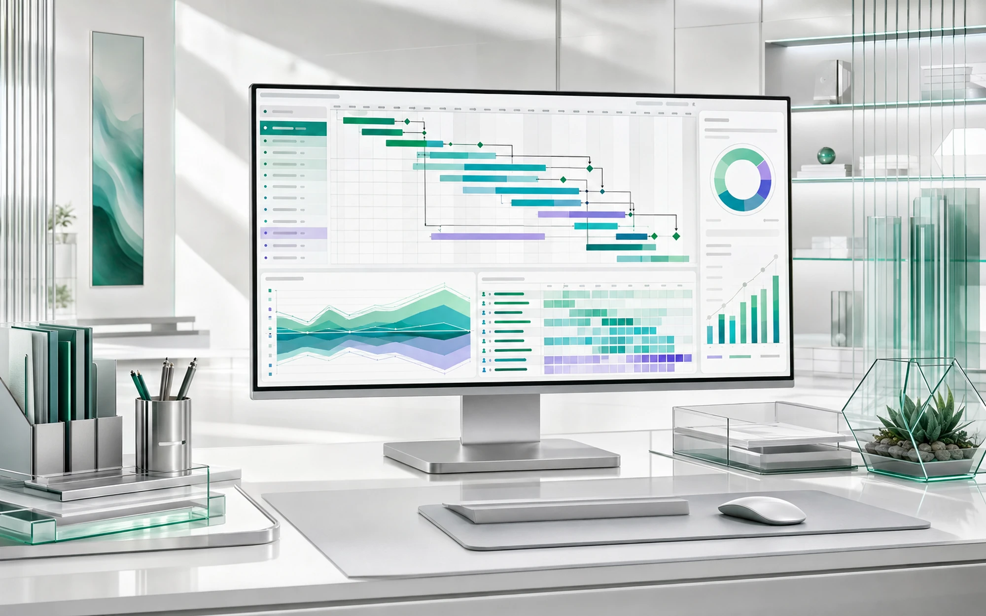 Project scheduling workspace with Gantt dependencies, milestones and resources