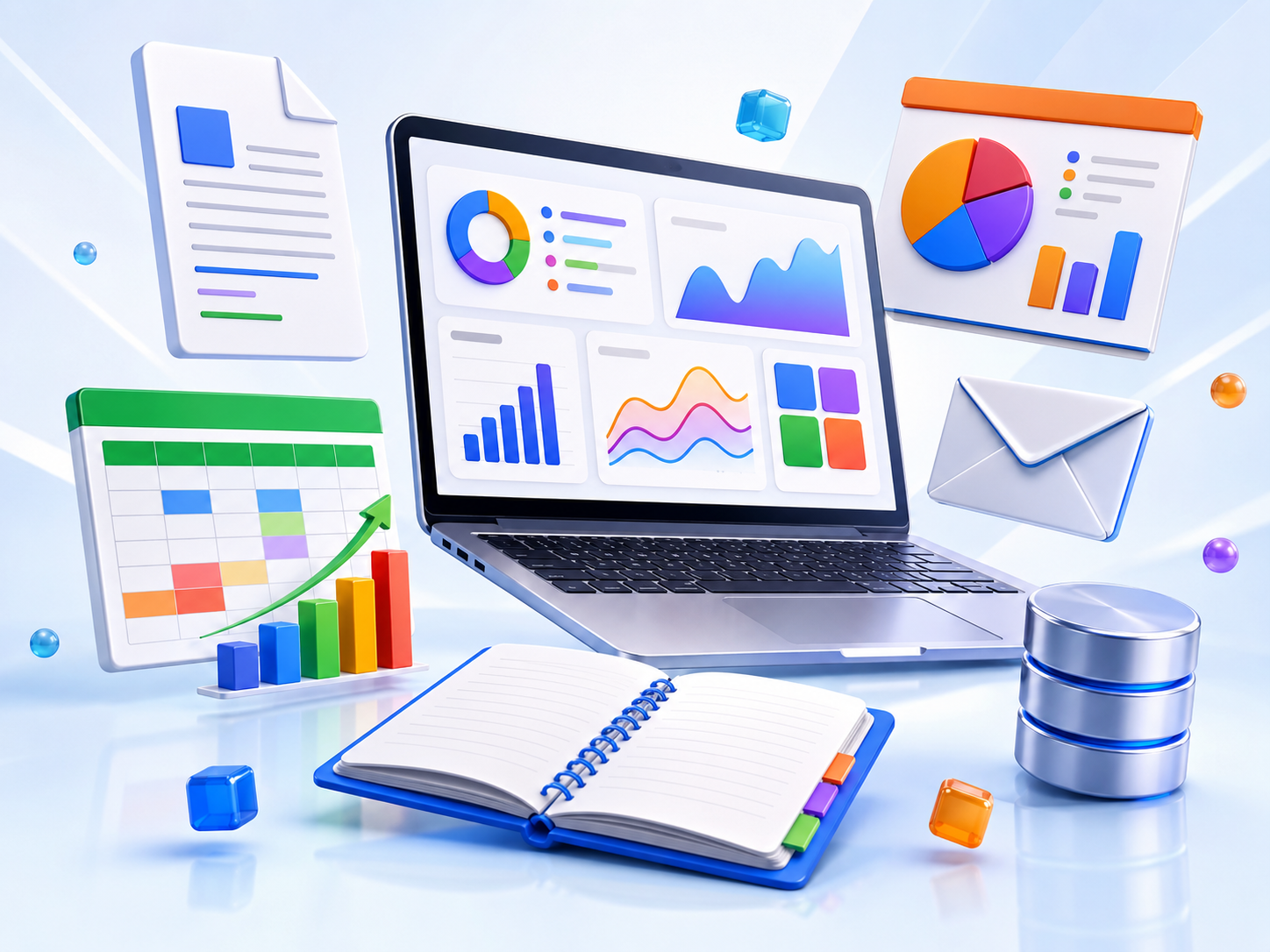 Colourful productivity suite with documents, spreadsheet, presentation, email and database tools