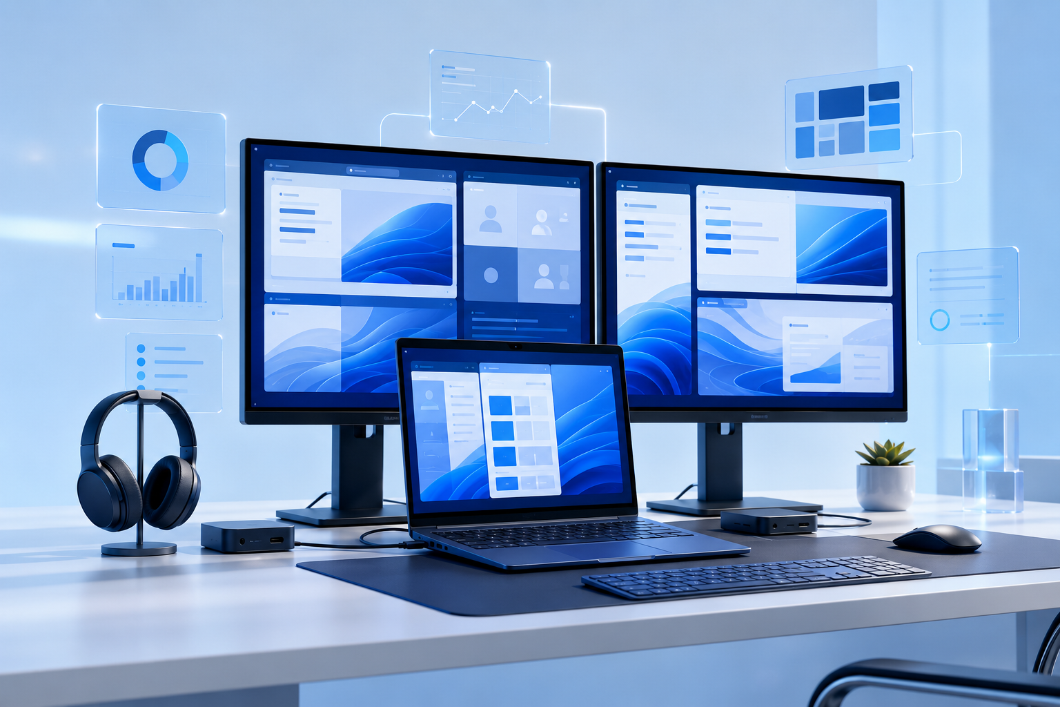 Professional Windows 11 workstation with multiple displays and organised productivity layouts