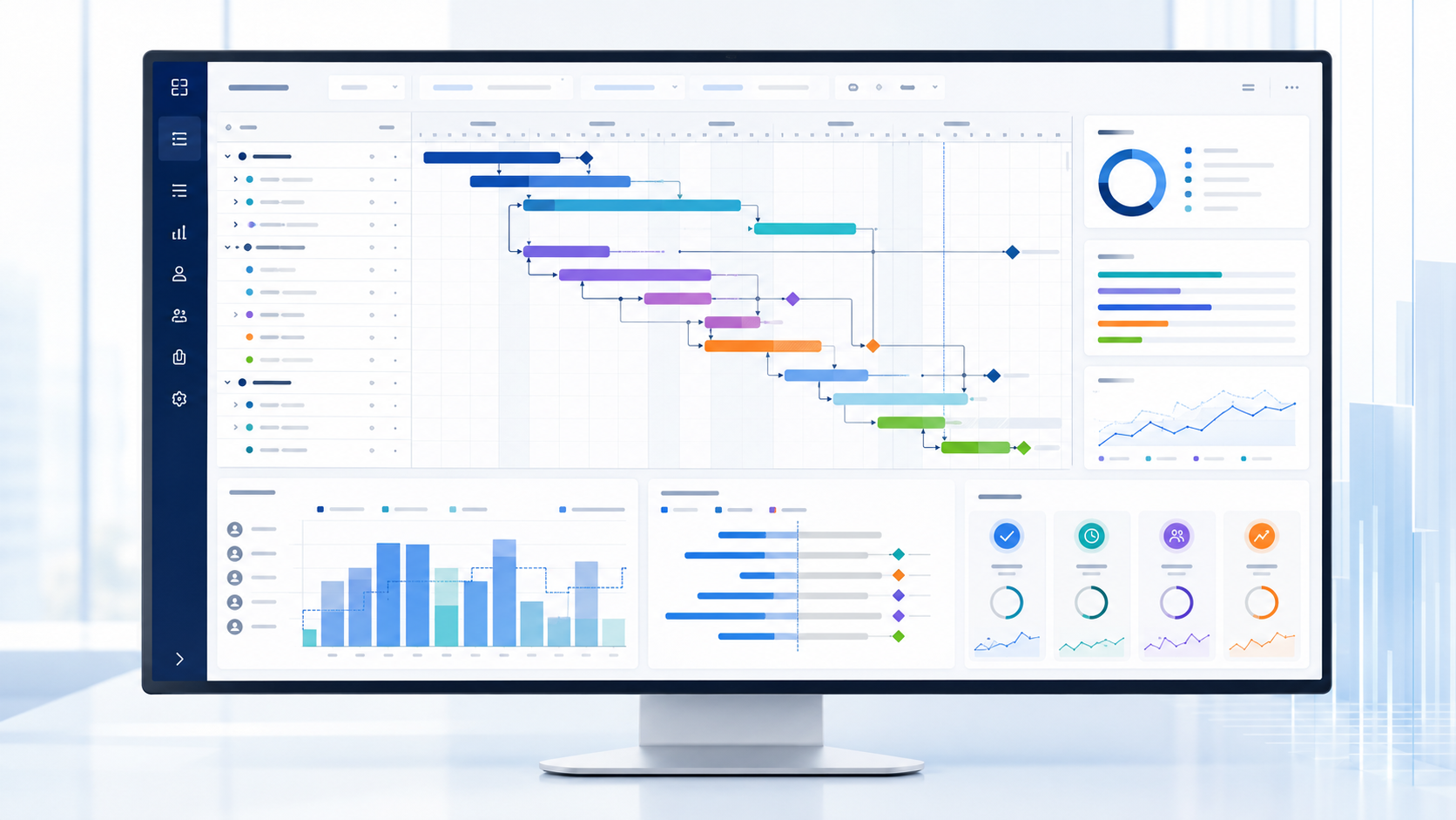 Project scheduling and reporting dashboard with timeline, task and progress views