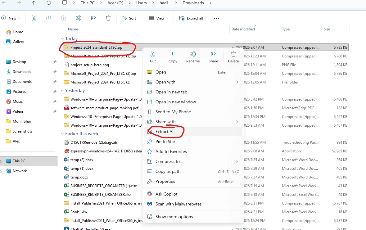 Extracted Microsoft Project 2024 Standard installation files in Windows File Explorer