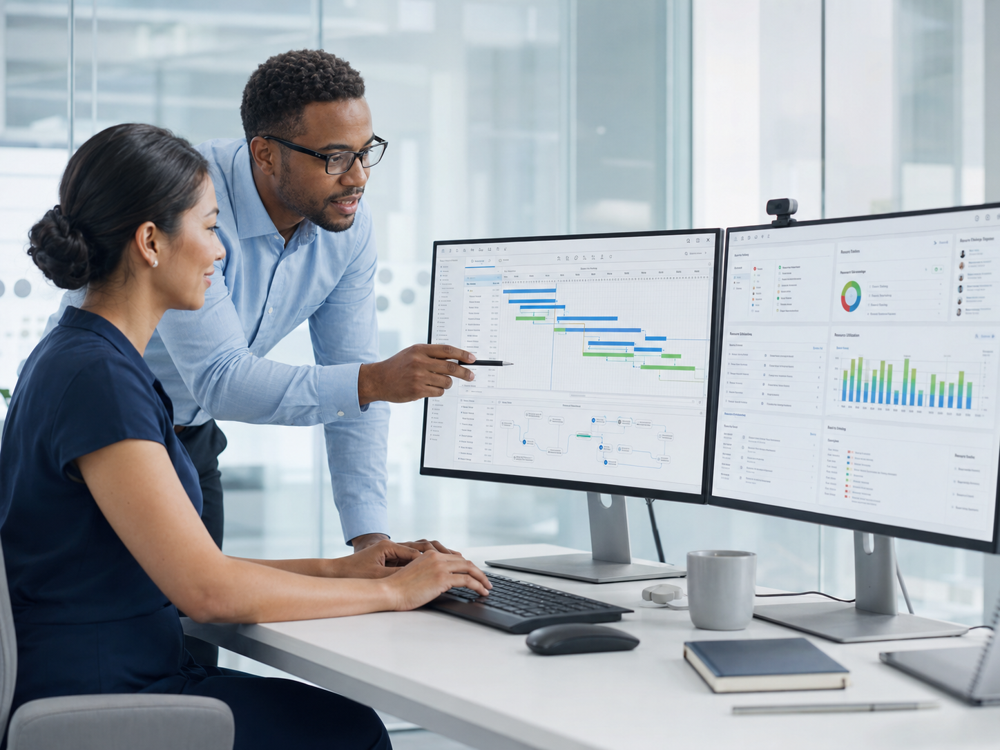 Project manager and IT professional reviewing a structured delivery plan