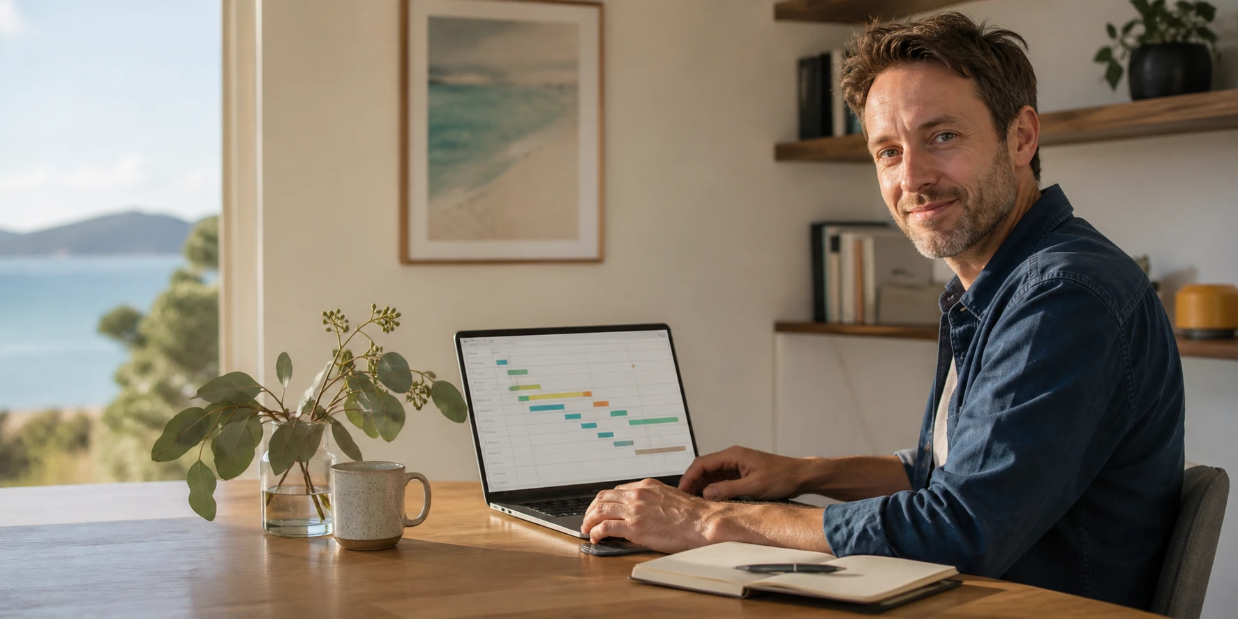 A professional preparing a project plan on a laptop in a bright home office