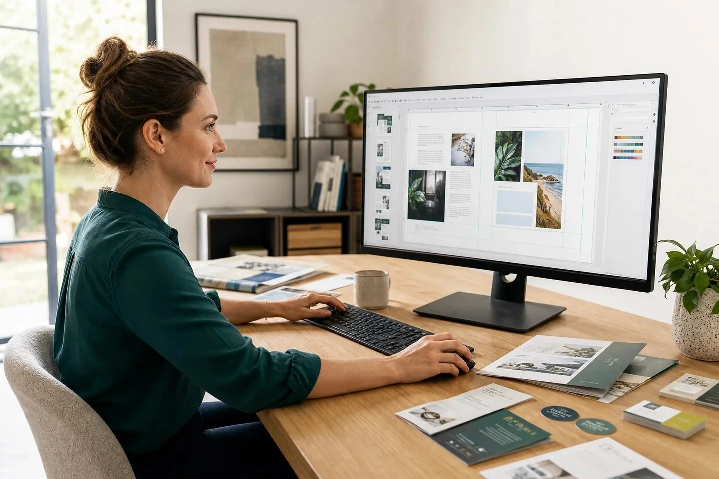 Creative professional preparing a brochure layout on a desktop computer