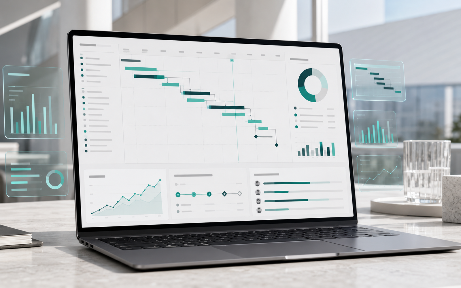 Laptop displaying an abstract project schedule, cost trend and resource reporting dashboard